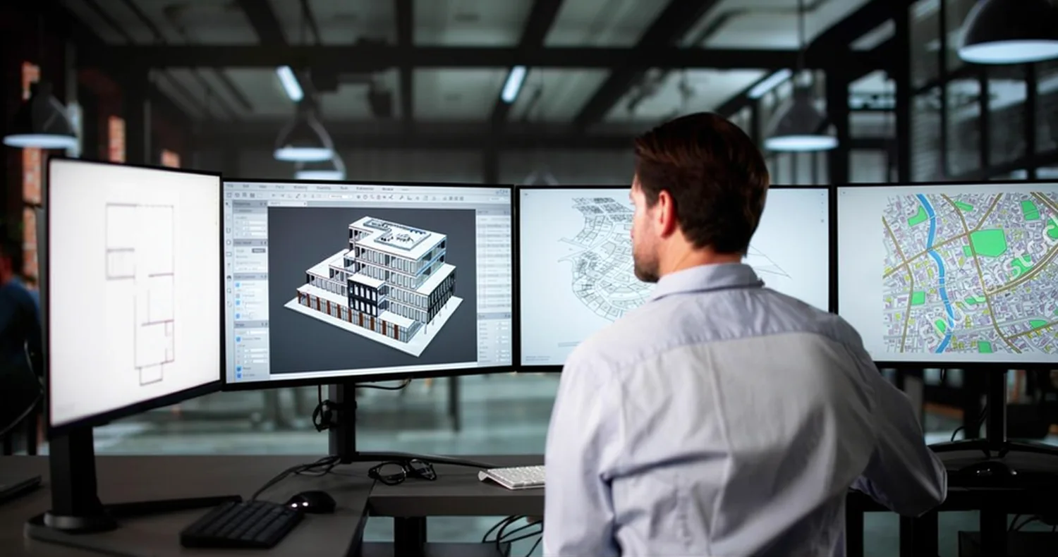 A construction design professional reviewing drawings and a building model across desktop monitors